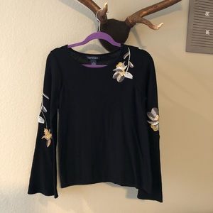 Embroidered floral black sweater with bell sleeve